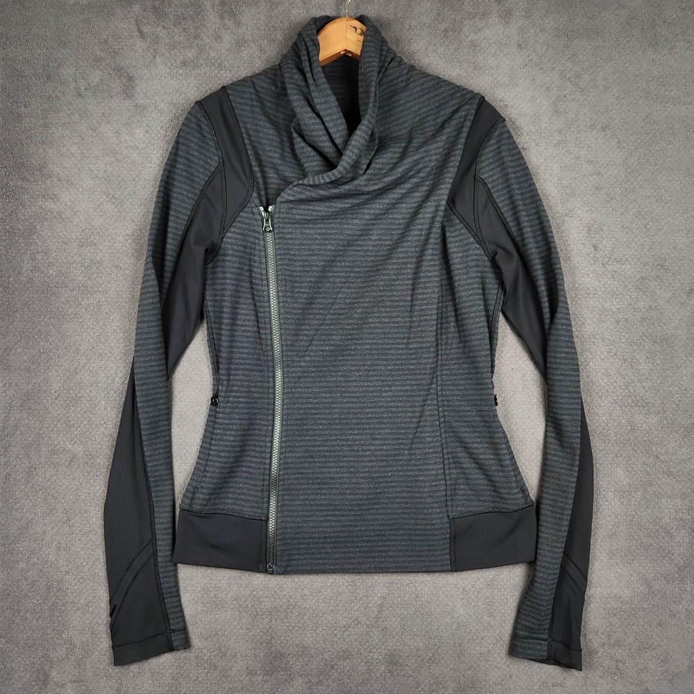 Lululemon Bhakti Yoga Jacket Wrap Womens 8 Black Dark Slate Gray Stripe Full Zip